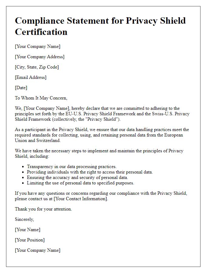 Letter template of compliance statement for Privacy Shield certification.