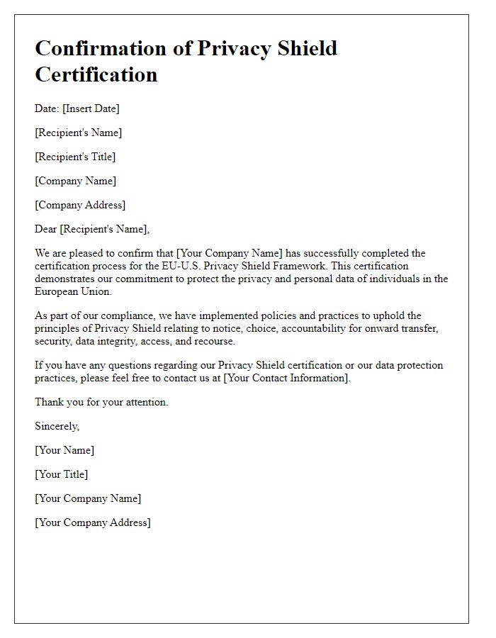 Letter template of confirmation of Privacy Shield certification completion.