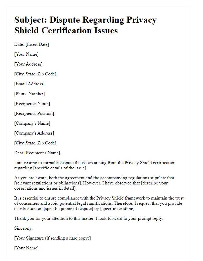 Letter template of dispute regarding Privacy Shield certification issues.