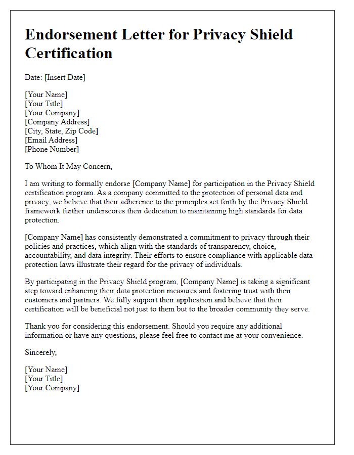 Letter template of endorsement for Privacy Shield certification program.