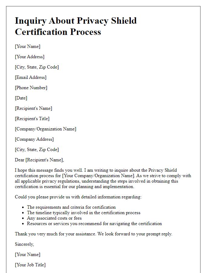 Letter template of inquiry about Privacy Shield certification process.