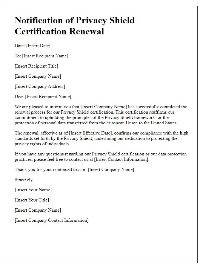 Letter template of notification for Privacy Shield certification renewal.