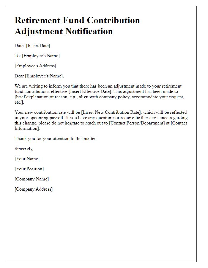 Letter template of retirement fund contribution adjustment