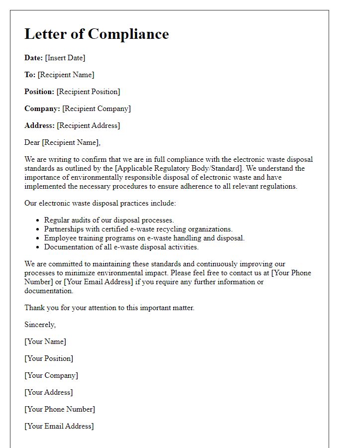 Letter template of compliance for electronic waste disposal standards