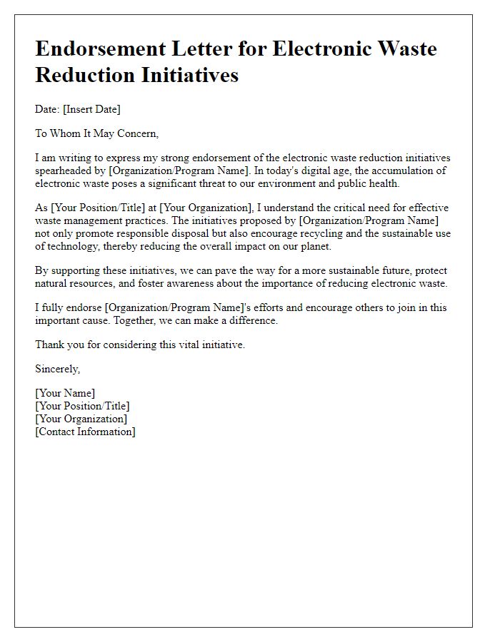 Letter template of endorsement for electronic waste reduction initiatives