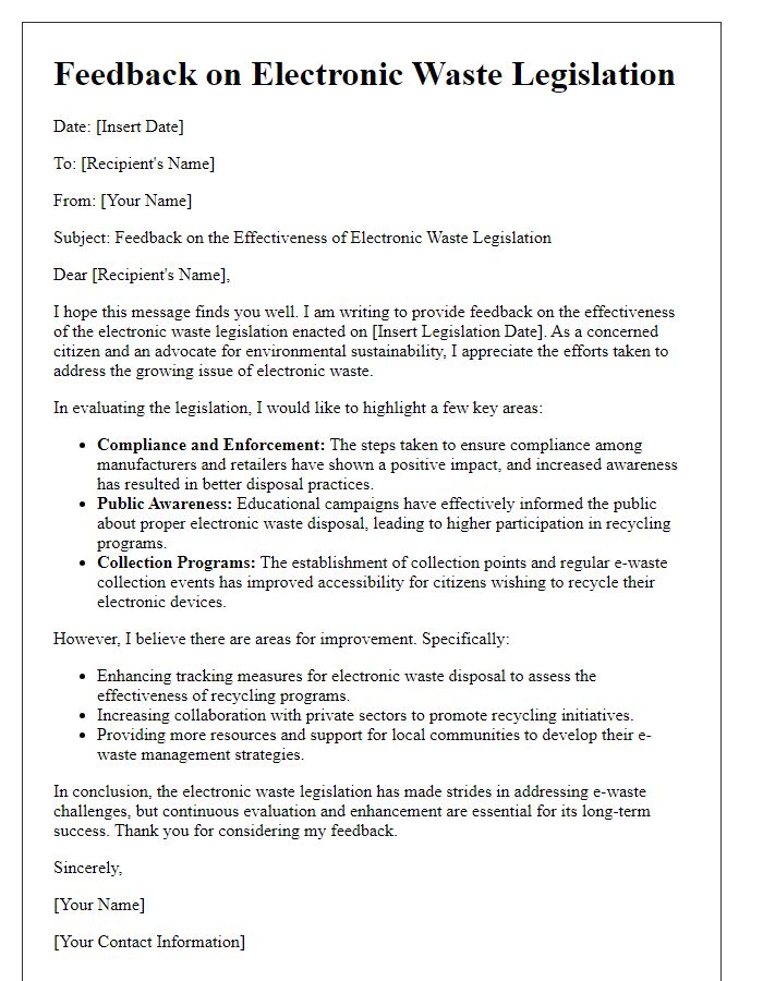 Letter template of feedback for electronic waste legislation effectiveness