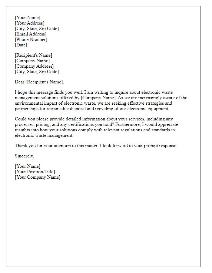 Letter template of inquiry regarding electronic waste management solutions