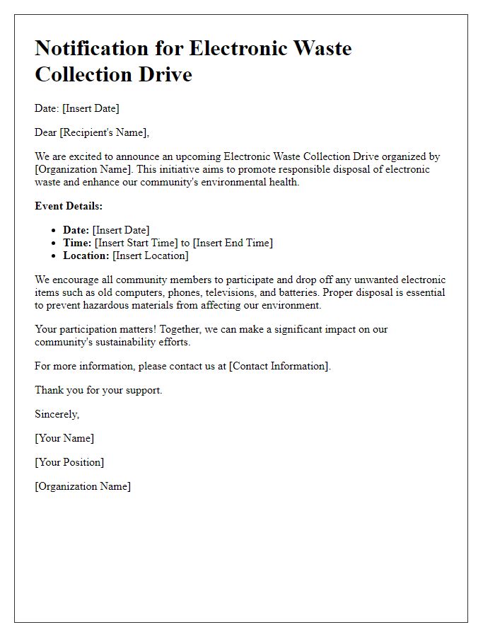 Letter template of notification for electronic waste collection drive