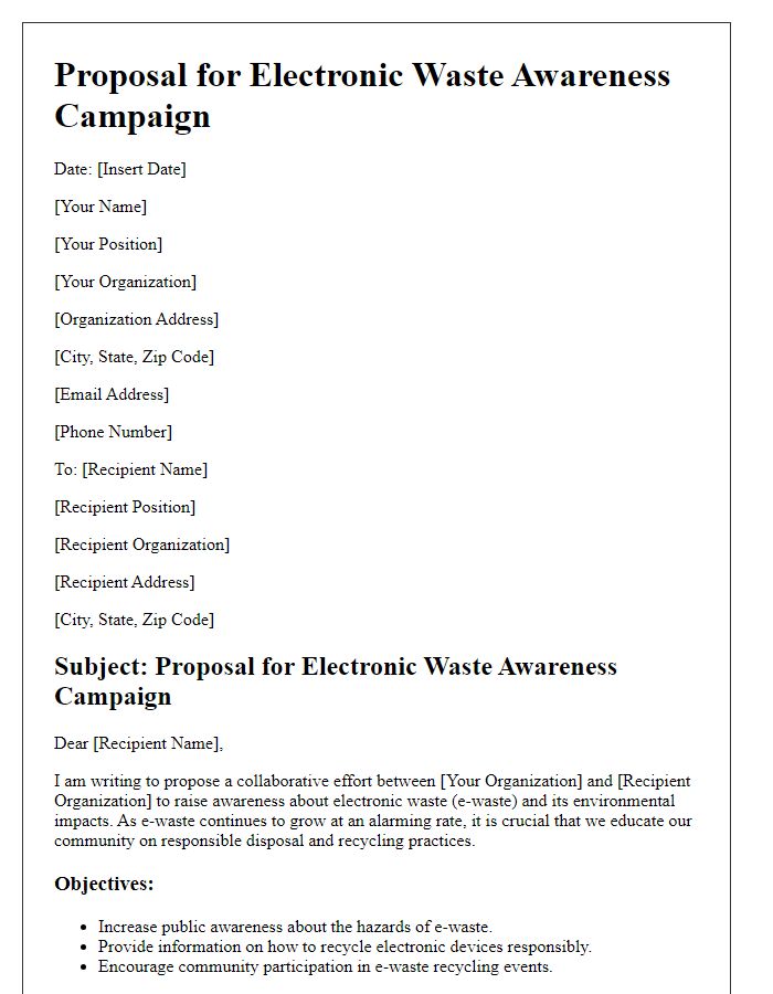 Letter template of proposal for electronic waste awareness campaigns