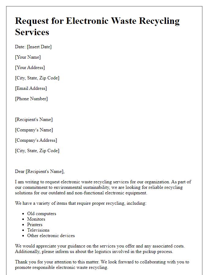 Letter template of request for electronic waste recycling services