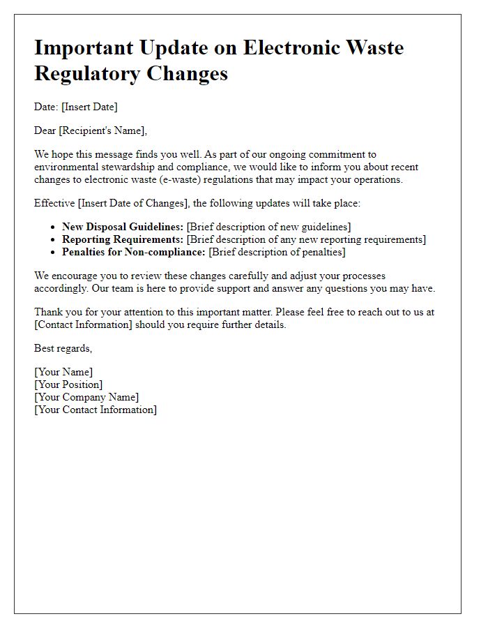 Letter template of update on electronic waste regulatory changes