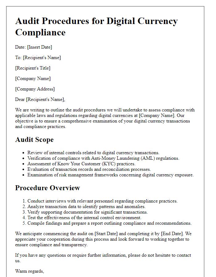 Letter template of audit procedures for digital currency compliance