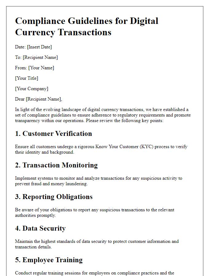 Letter template of compliance guidelines for digital currency transactions