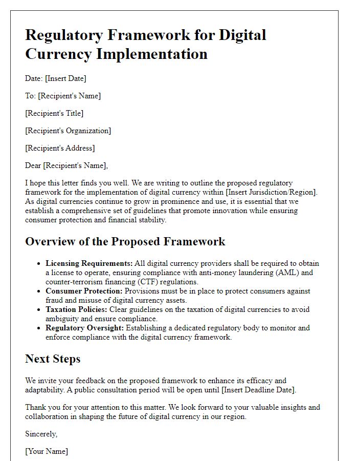 Letter template of regulatory framework for digital currency implementation