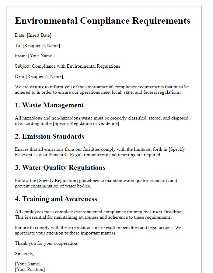 Letter template of environmental compliance requirements