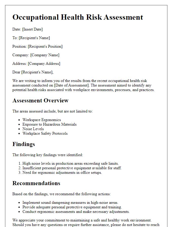 Letter template of occupational health risk assessment