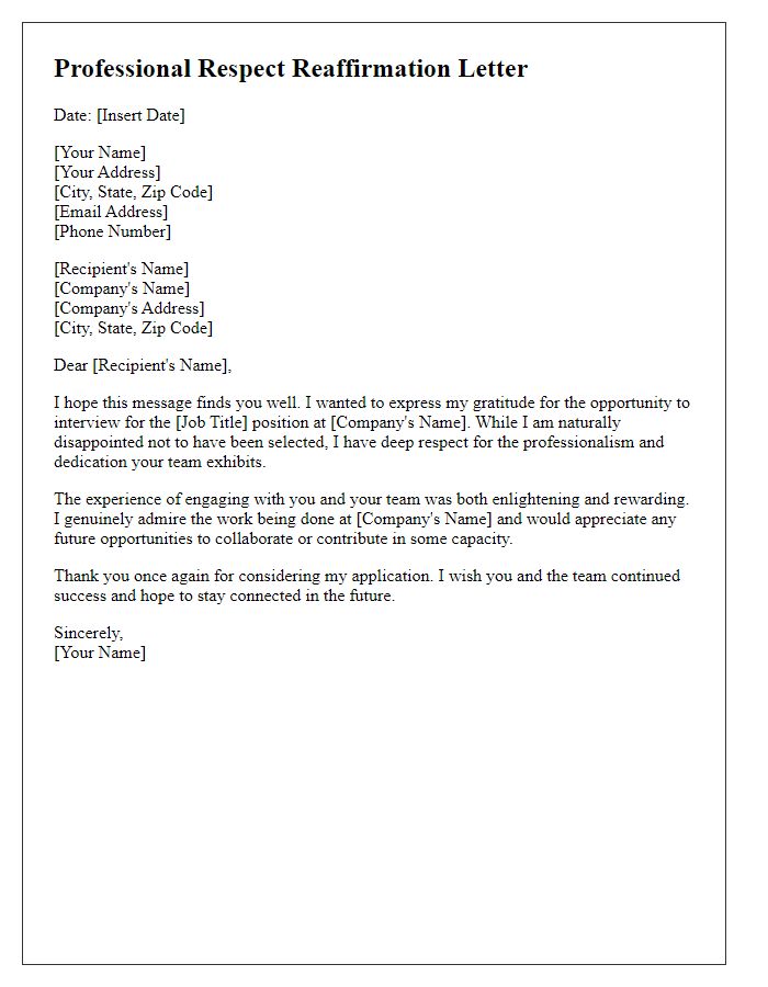 Letter template of reaffirming professional respect despite job rejection