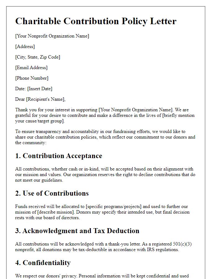 Letter template of charitable contribution policies for nonprofits