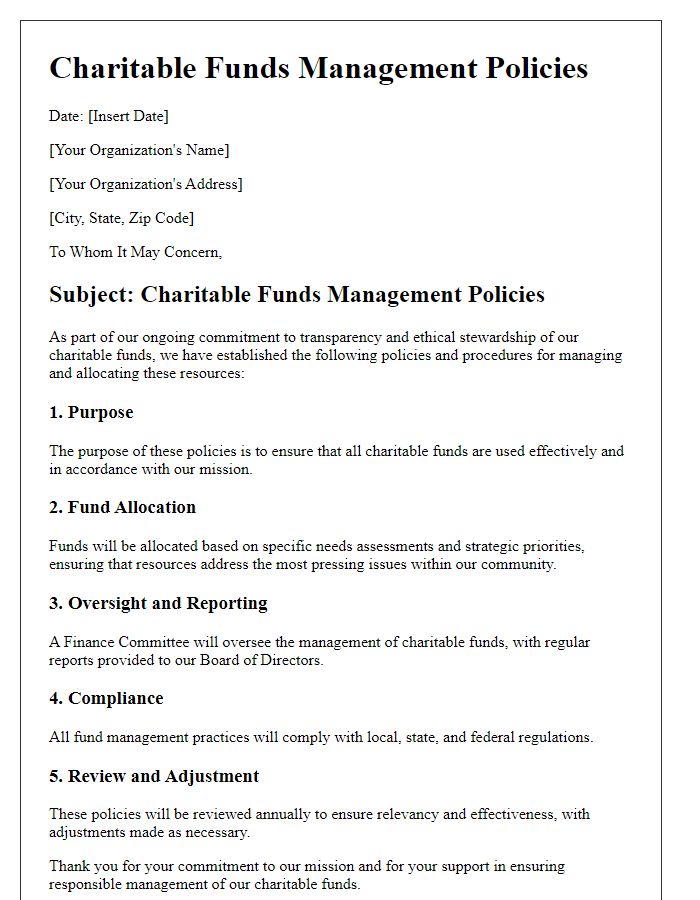 Letter template of charitable funds management policies