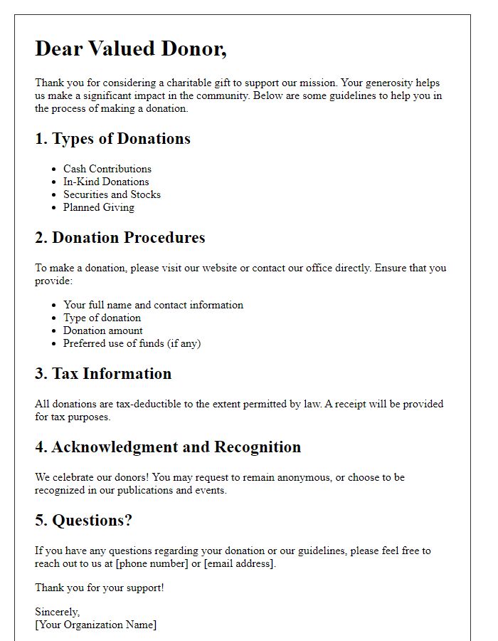 Letter template of charitable giving guidelines for donors