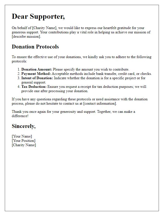 Letter template of charity donation protocols for supporters