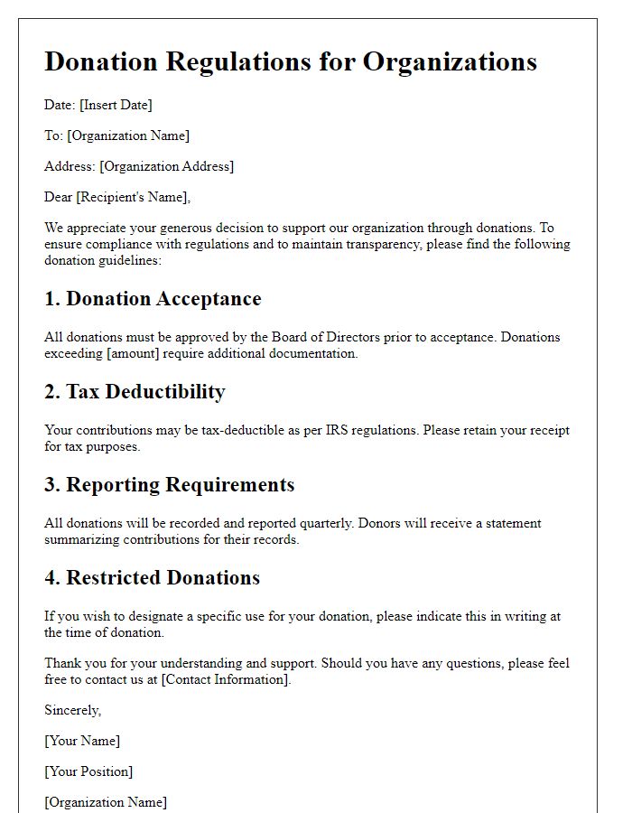 Letter template of donation regulations for organizations