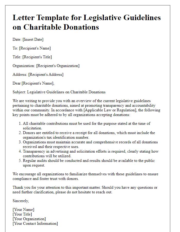 Letter template of legislative guidelines on charitable donations