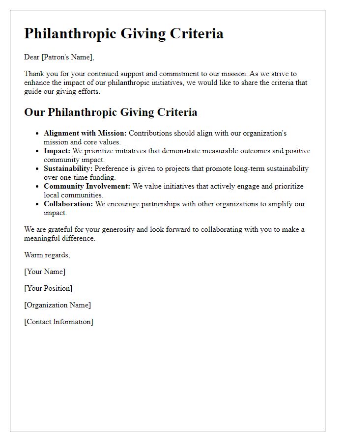 Letter template of philanthropic giving criteria for patrons