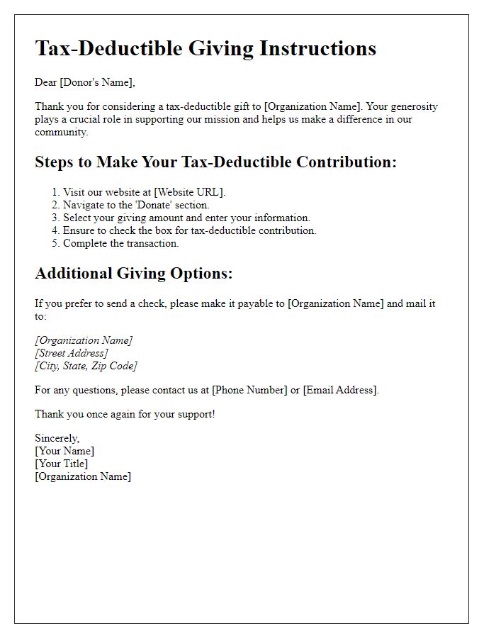 Letter template of tax-deductible giving instructions