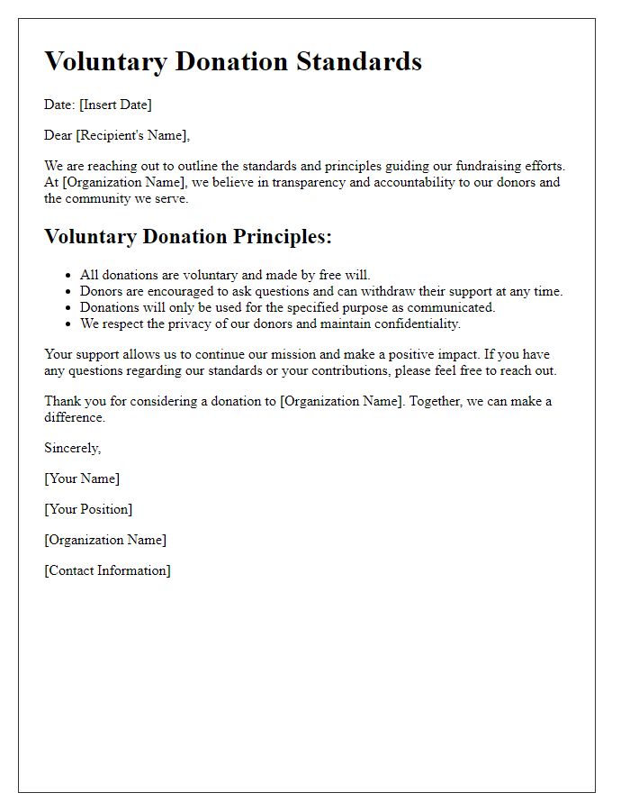 Letter template of voluntary donation standards for fundraisers