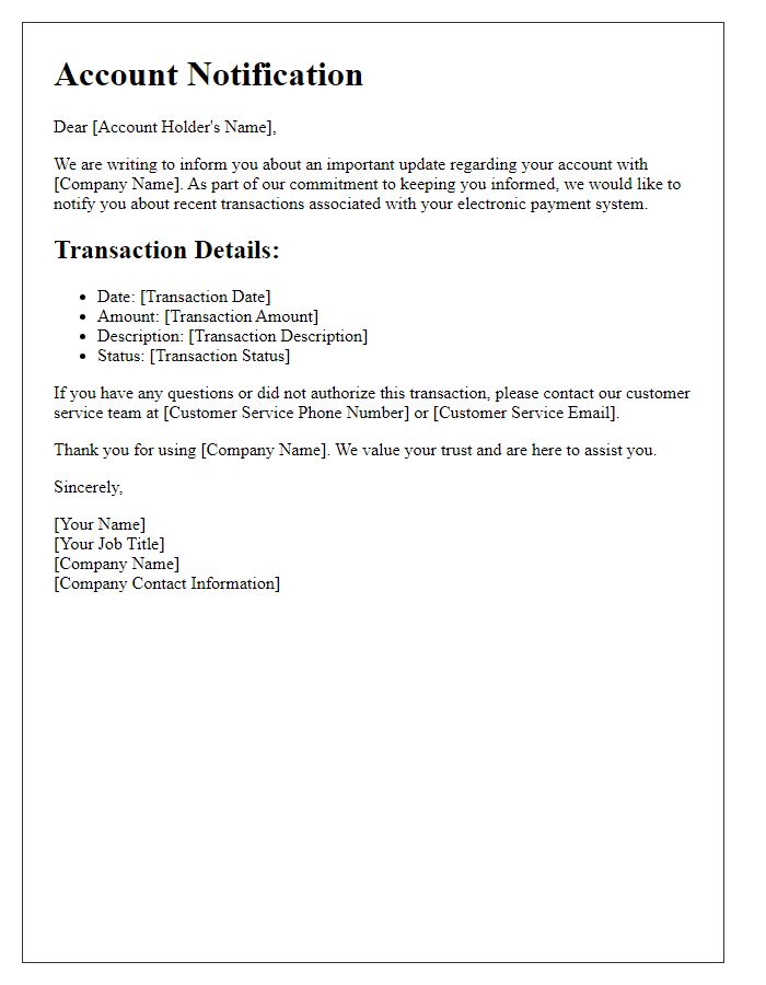 Letter template of electronic payment systems for account notifications