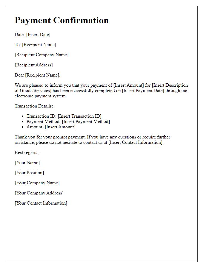 Letter template of electronic payment systems for business transactions