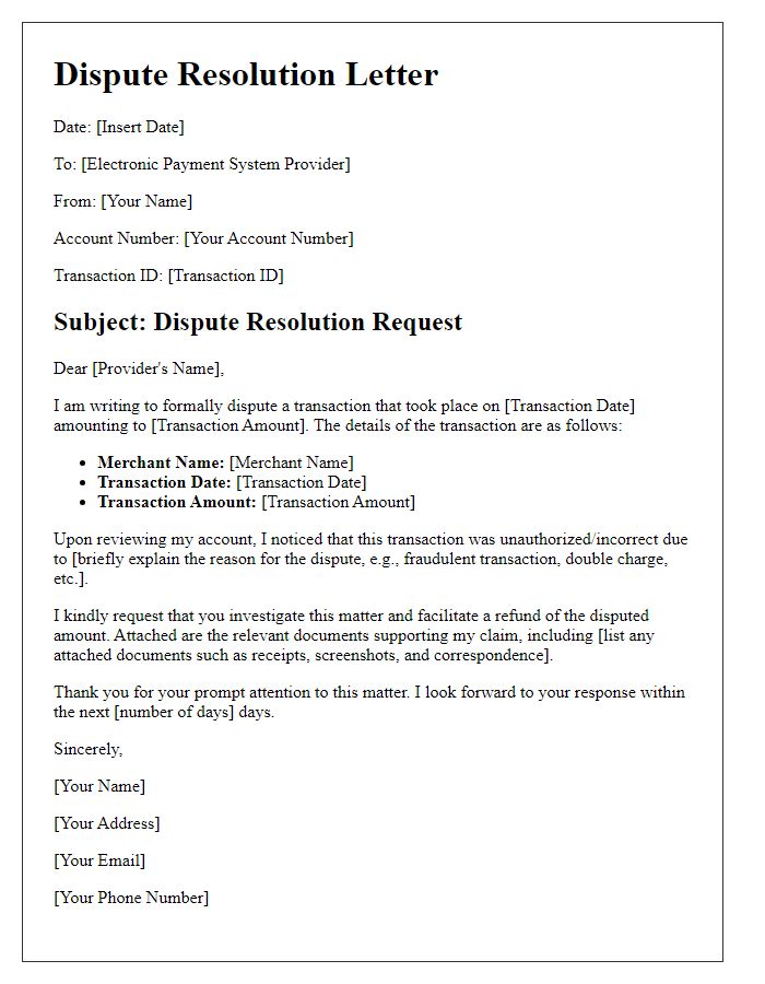 Letter template of electronic payment systems for dispute resolutions