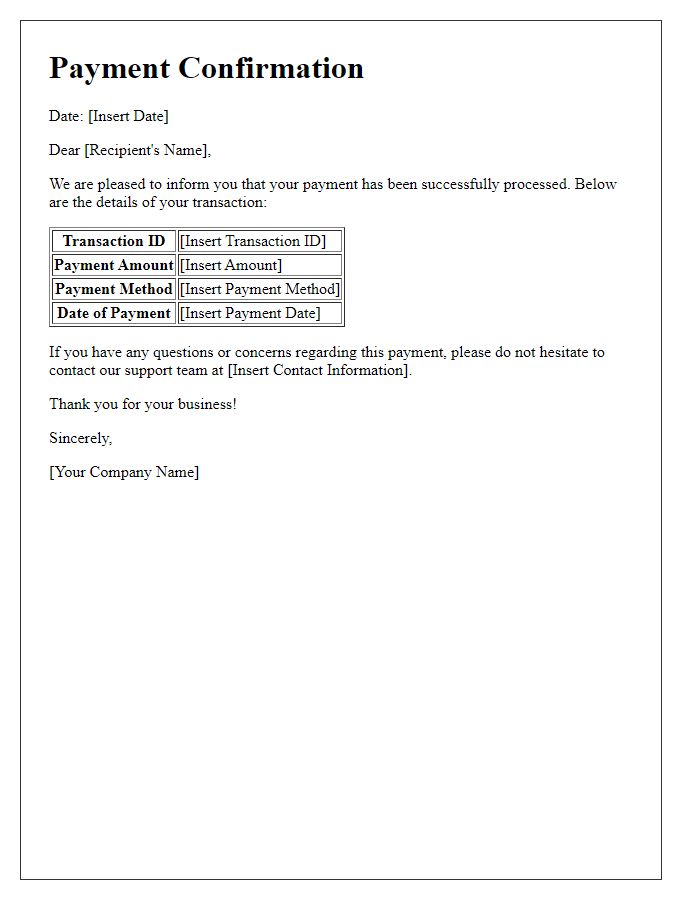 Letter template of electronic payment systems for payment confirmations