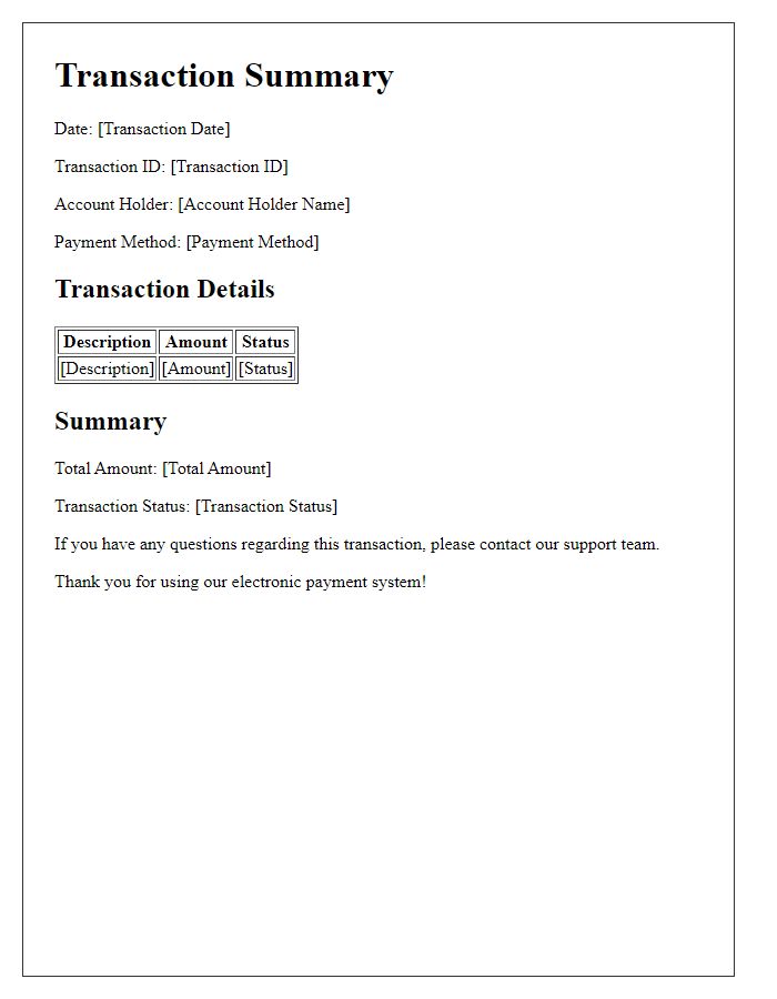 Letter template of electronic payment systems for transaction summaries