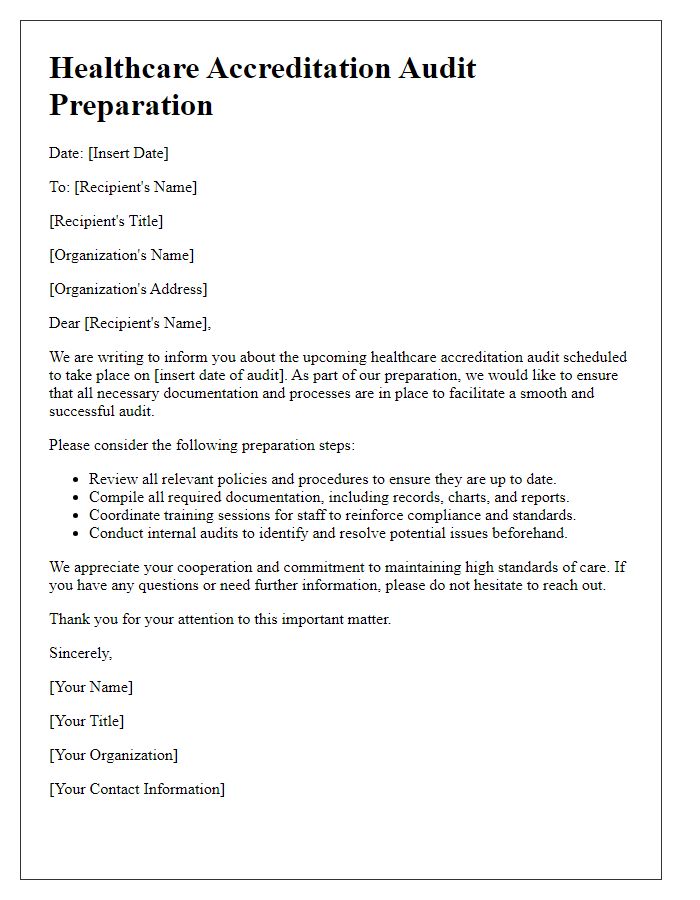 Letter template of healthcare accreditation audit preparation