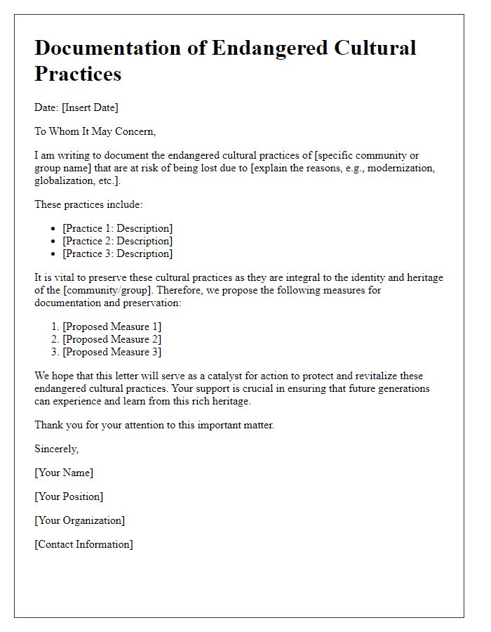 Letter template of documentation of endangered cultural practices