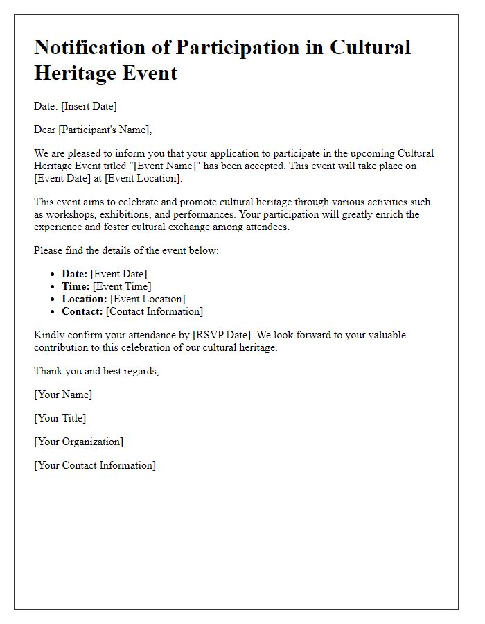 Letter template of notification for cultural heritage event participation