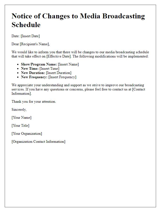 Letter template of notification for media broadcasting changes