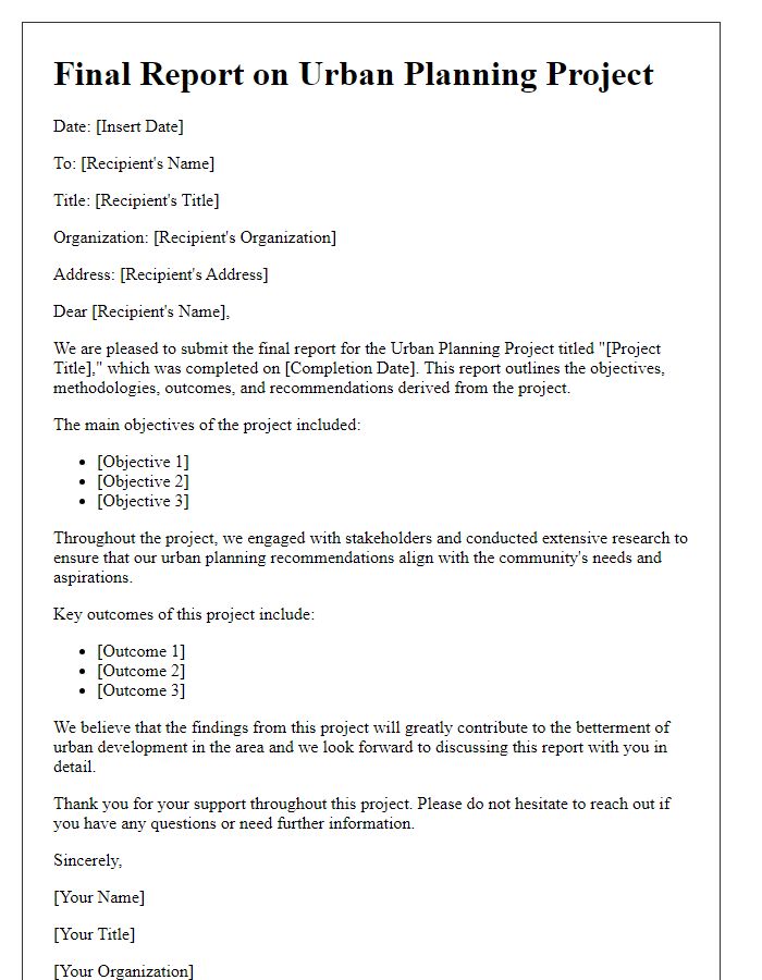 Letter template of final report for completed urban planning project.