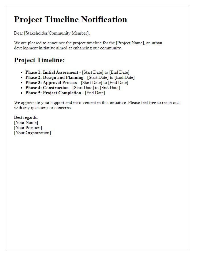 Letter template of project timeline notification for urban development.