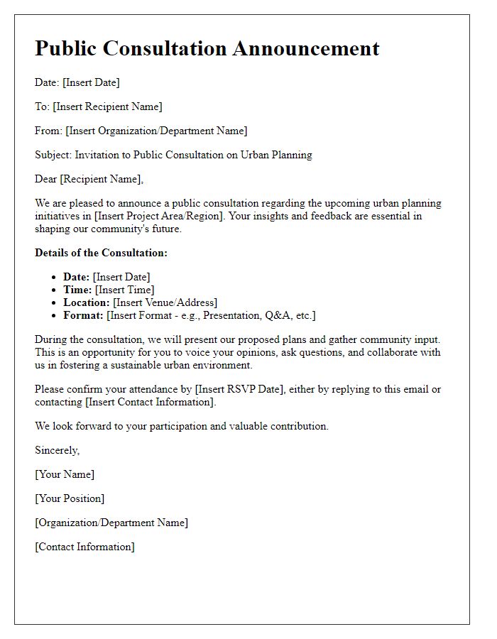 Letter template of public consultation announcement for urban planning.