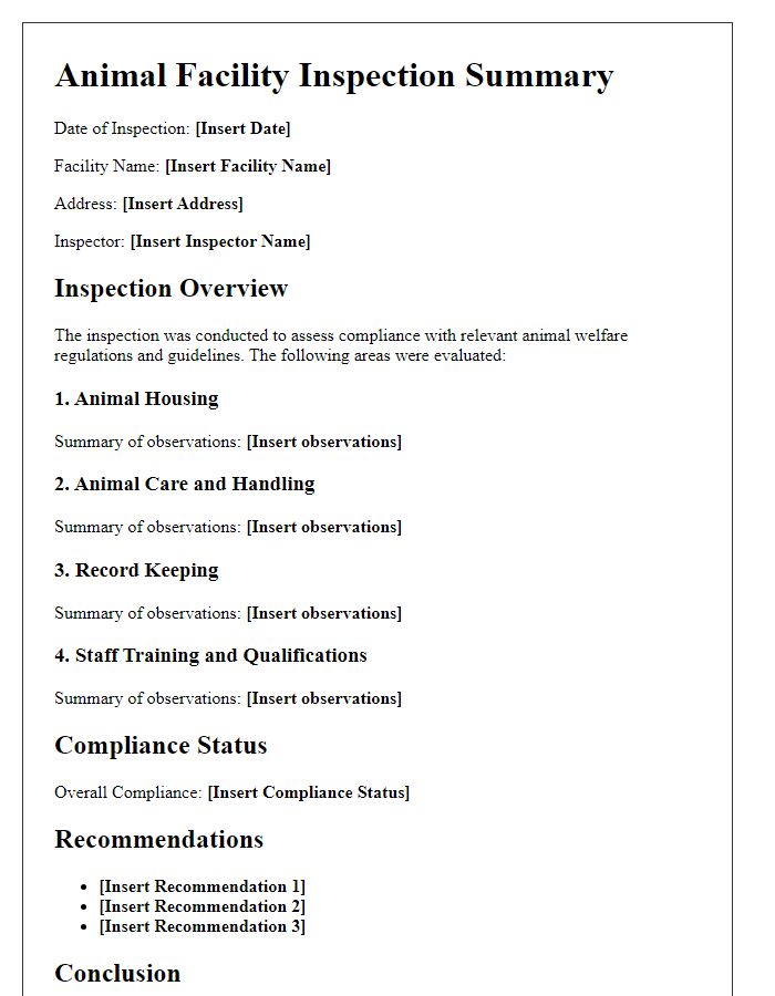 Letter template of animal facility inspection summary