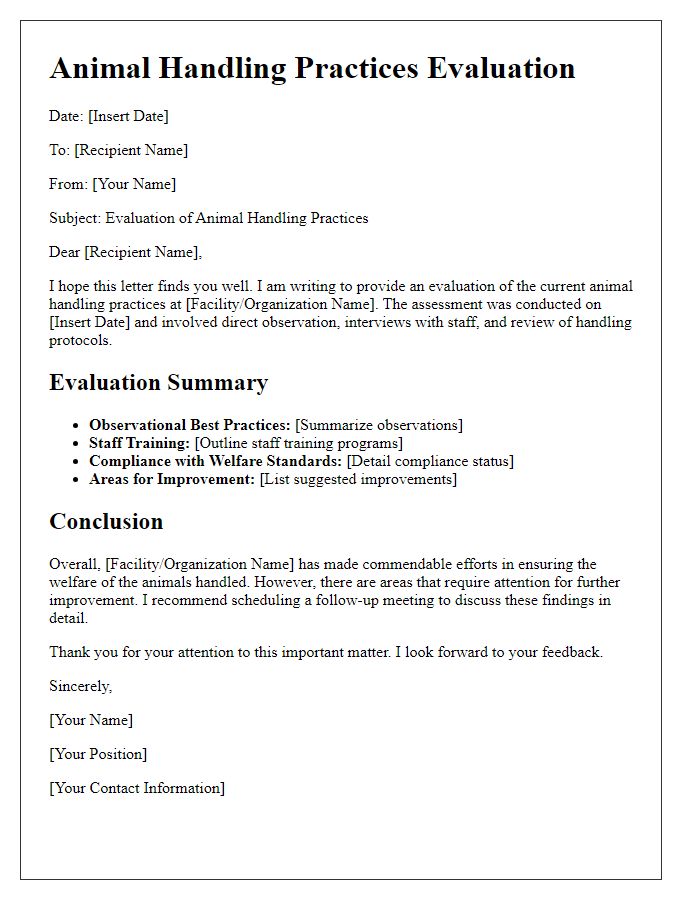 Letter template of animal handling practices evaluation