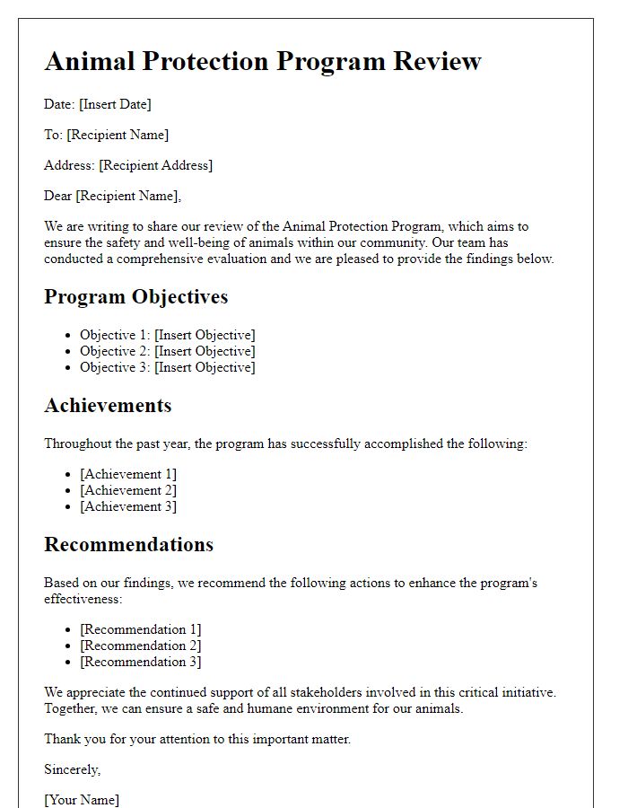 Letter template of animal protection program review