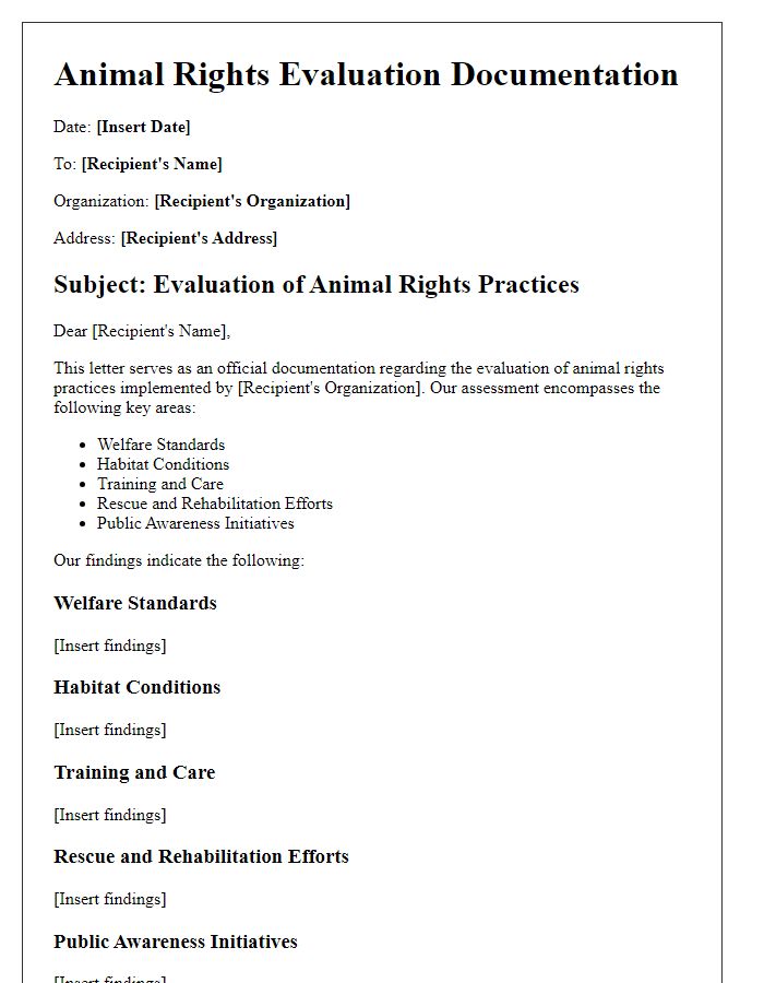 Letter template of animal rights evaluation documentation