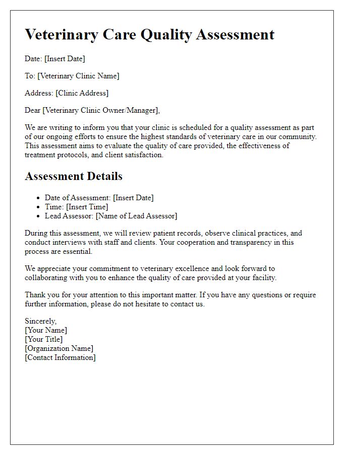 Letter template of veterinary care quality assessment