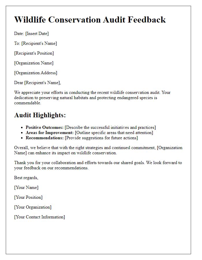 Letter template of wildlife conservation audit feedback