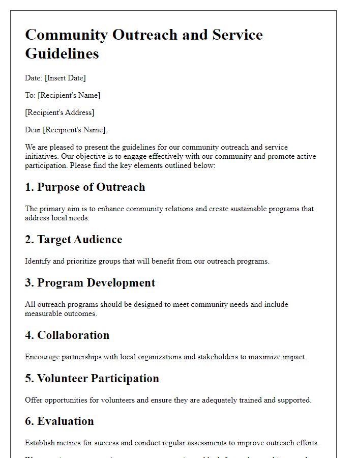 Letter template of community outreach and service guidelines