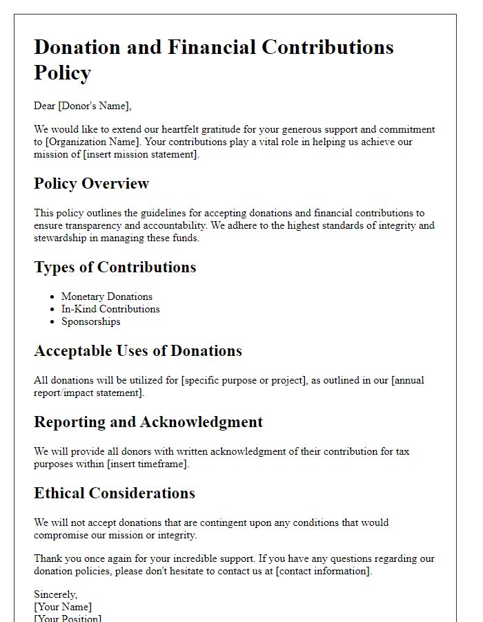 Letter template of donations and financial contributions policies